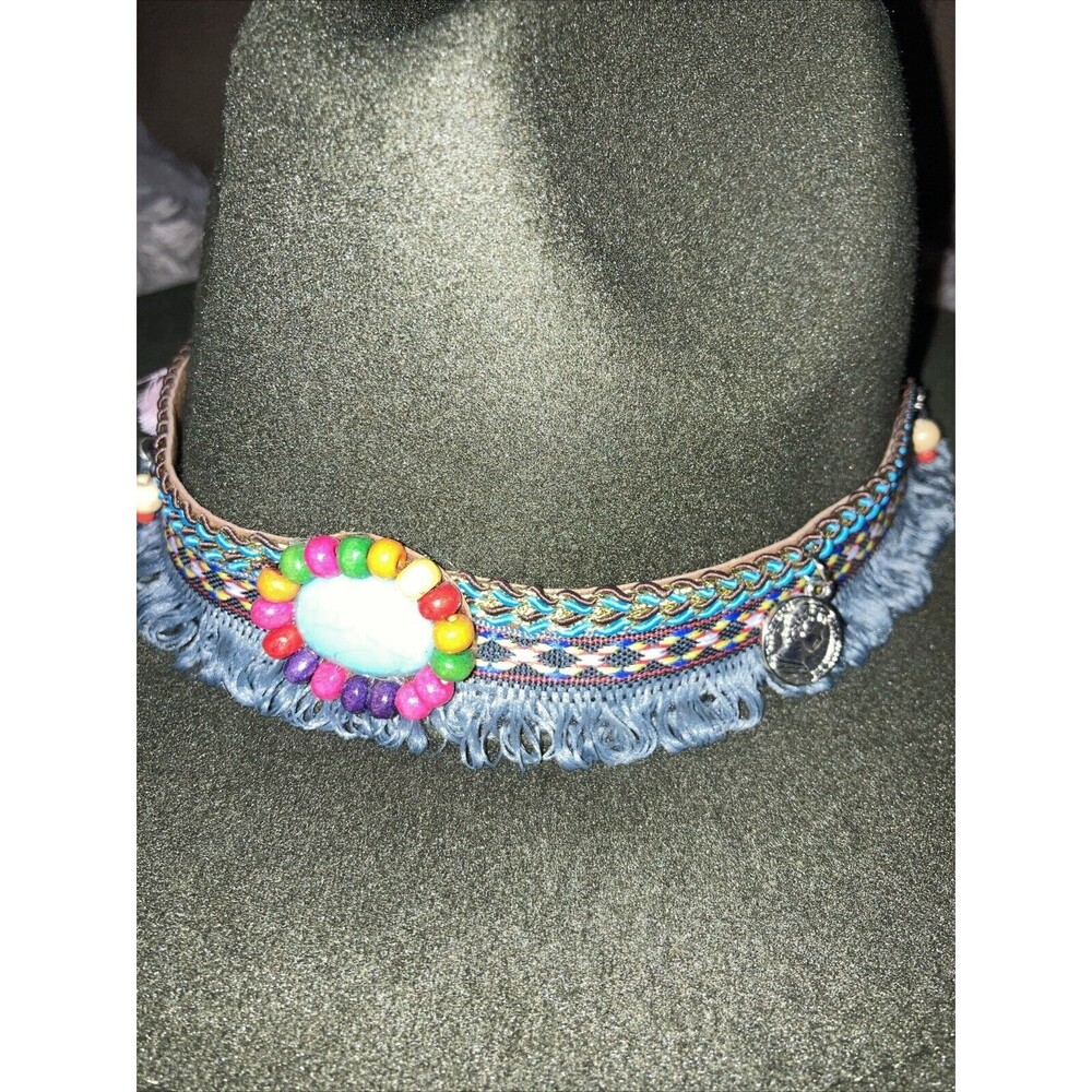 Western Cowboy Hat Fedora Panama Party Bead Tassle Army Green Unisex Rodeo Boho - Picture 3 of 5